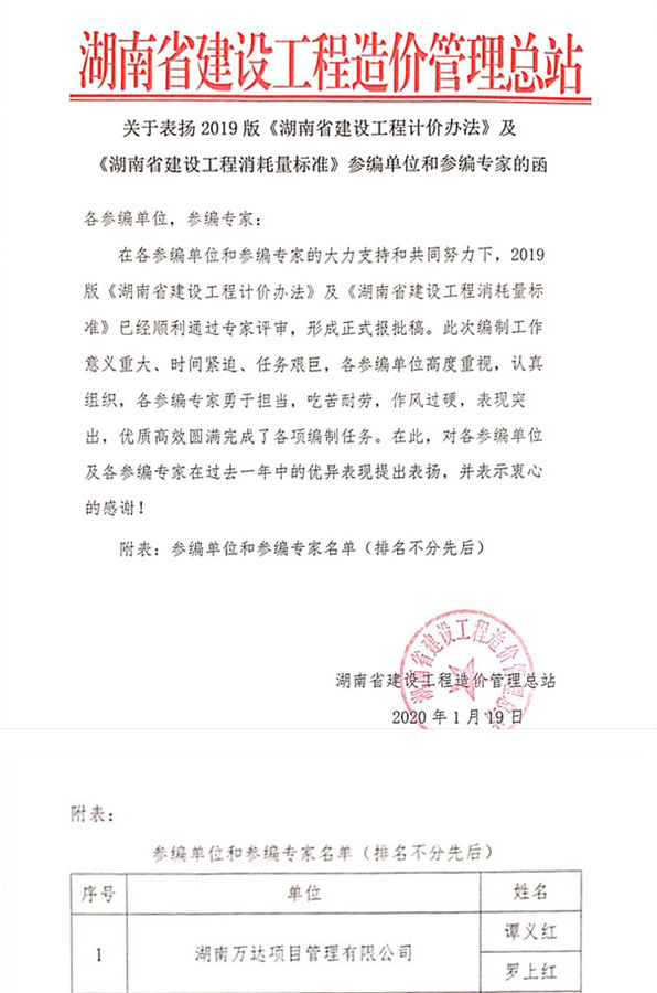 点赞！我司收到湖南省建设工程造价治理总站的表扬！ - 公司要闻 - 湖南万达项目治理有限公司【官网】